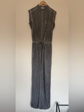 Soft Surroundings Camilla Wide Leg Button-Front Jumpsuit Gray Boho Tie Sz Tall S